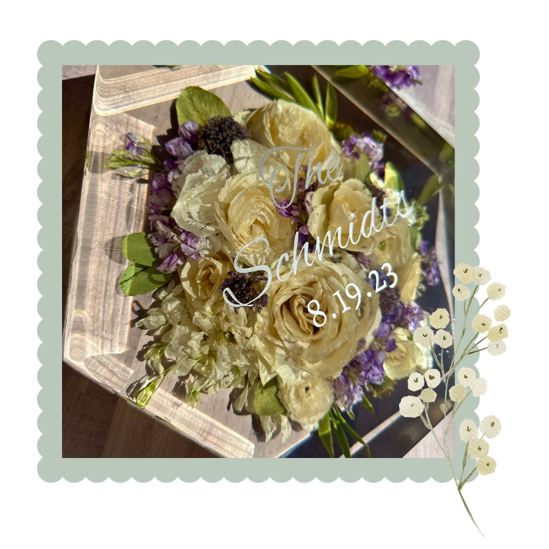 Preserved Bouquet of flowers with 'The Schmidts' and a date on a decorative background