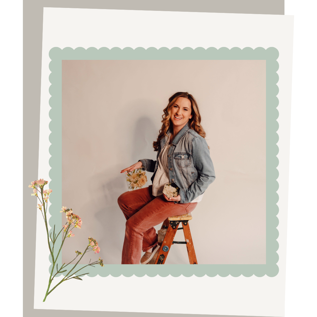 Woman sitting on a stool holding flowers with a decorative border and floral elements.